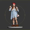Woman Posing on White Platform with Red Headband Blue Outfit Pink Bag Brown Fuzzy Slippers