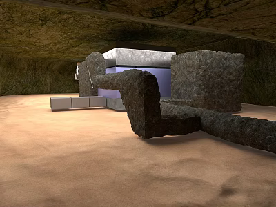Rock Structures Interior Featuring Sandy Floor White Cube And Gray Cabinets 3d model