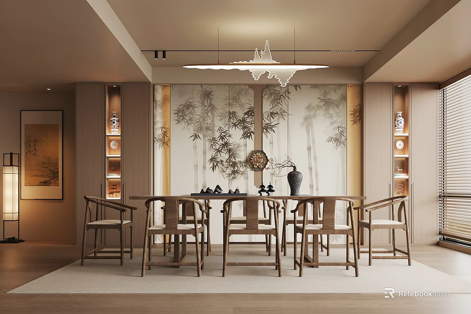 Traditional Chinese Restaurant Interior With Wooden Dining Table And Bamboo Pattern Wall Decor 3d model