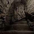 Dimly Lit Cavernous Basement Featuring Stone Stairs Rock Walls And Rope Railings