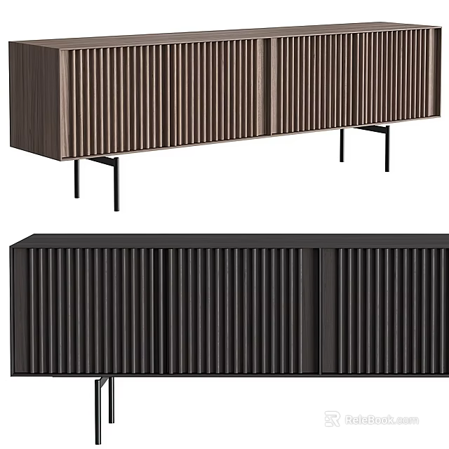Brown Console Cabinet And Black Sideboard With Vertical Slats And Slim Legs 3d model 