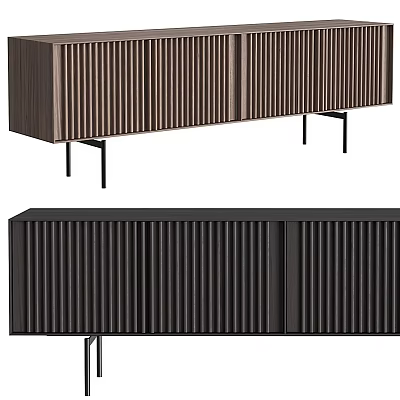 Brown Console Cabinet And Black Sideboard With Vertical Slats And Slim Legs 3d model