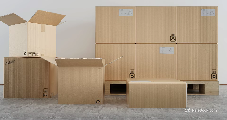 Open and Stacked Cardboard Boxes in Various Sizes with Labels for Moving and Storage 3d model 