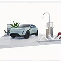 AVATR Electric Car Exhibition Booth On White Platform With Green Plants And Lamp