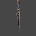 Ornate Mythical Sword With Twisted Colorful Hilt Golden Accents And Red Gemstone Engraved Blade