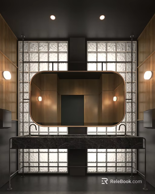 Modern Elegant Bathroom Interior With Oval Mirror Glass Partition Marble Countertop And Wooden Walls 3d model 