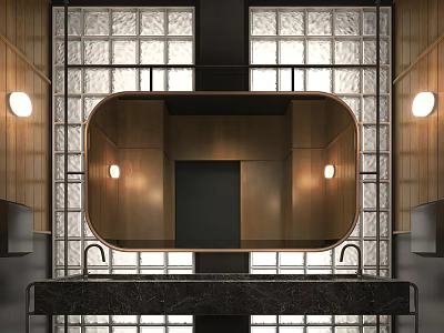 Modern Elegant Bathroom Interior With Oval Mirror Glass Partition Marble Countertop And Wooden Walls 3d model