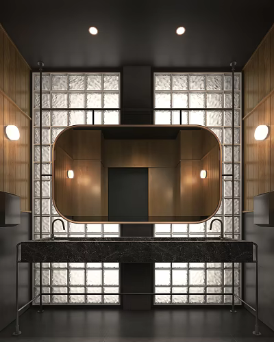 Modern Elegant Bathroom Interior With Oval Mirror Glass Partition Marble Countertop And Wooden Walls 3d model