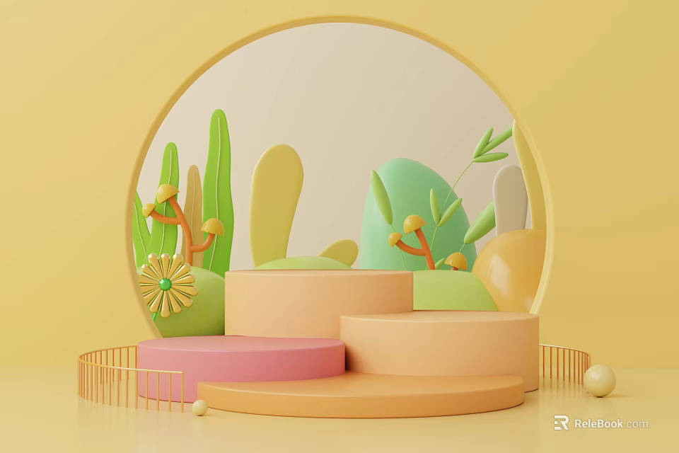 Vibrant Exhibition Hall With Circular Design Colorful Platforms And Plant Decorations 3d model 