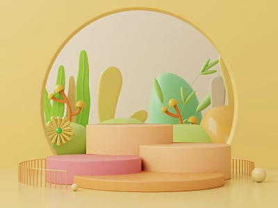 Vibrant Exhibition Hall With Circular Design Colorful Platforms And Plant Decorations 3d model