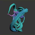 Purple Pink Humanoid Character With Teal Bioluminescent Creature And Curved Tentacle Like Structures