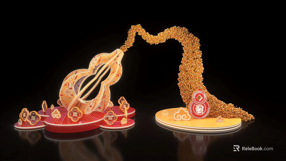 Gourd Shaped Floral Display With Golden Flowing Design Red Base Fu Character And Auspicious Clouds 3d model 