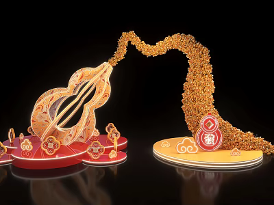 Gourd Shaped Floral Display With Golden Flowing Design Red Base Fu Character And Auspicious Clouds 3d model