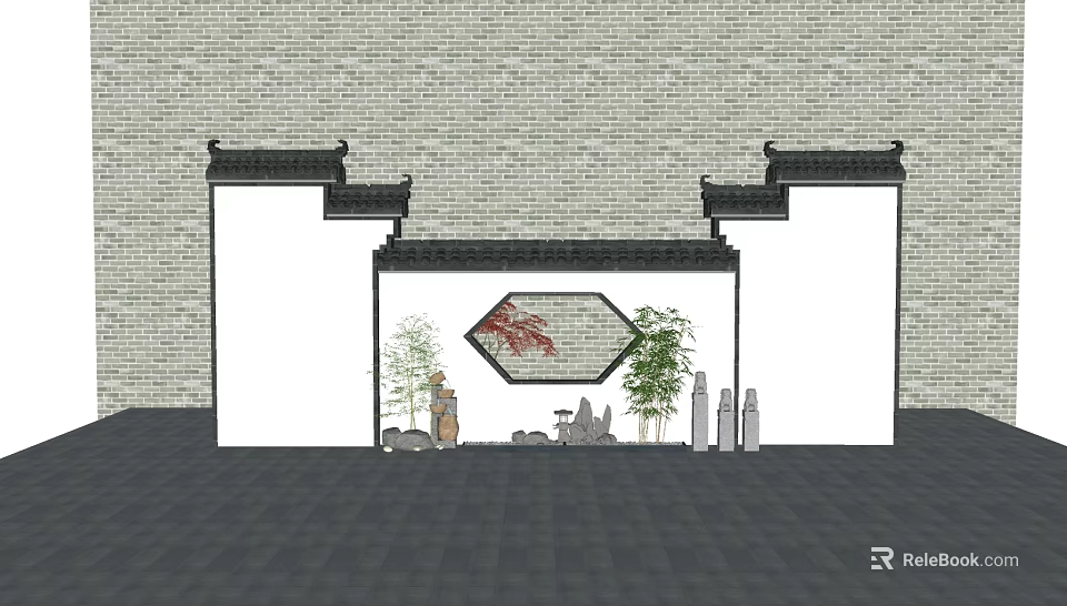 Traditional Garden Decor with Hexagonal Window Red Pattern Green Plants and Stone Ornaments 3d model 