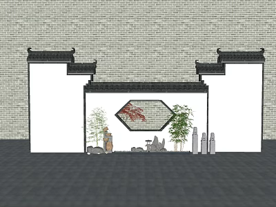 Traditional Garden Decor with Hexagonal Window Red Pattern Green Plants and Stone Ornaments 3d model