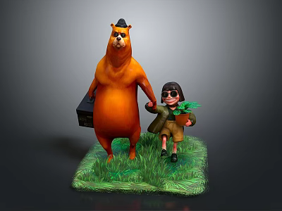 Little Girl Carrying Green Plants And Orange Bear With Black Hat Holding Briefcase On Grass 3d model