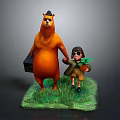 Little Girl Carrying Green Plants And Orange Bear With Black Hat Holding Briefcase On Grass