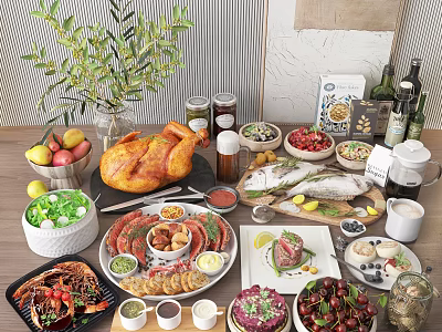 Rich Varied Food Platter With Roast Chicken Seafood And Fruits 3d model