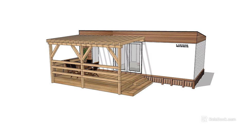 Wooden Lakeside Pergola Structure With Outdoor Deck And White Cabin Design 3d model 
