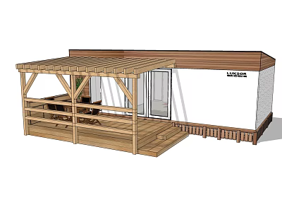 Wooden Lakeside Pergola Structure With Outdoor Deck And White Cabin Design 3d model
