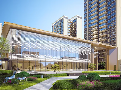 Modern Residential Building with Glass Curtain Wall Front Garden Lawn Sculptures and Pathway 3d model