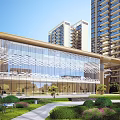 Modern Residential Building with Glass Curtain Wall Front Garden Lawn Sculptures and Pathway