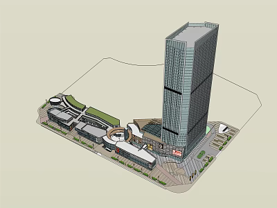 Modern High Rise Office Building With Glass Curtain Facade Surrounding Commercial Plaza And Green Spaces 3d model