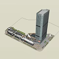 Modern High Rise Office Building With Glass Curtain Facade Surrounding Commercial Plaza And Green Spaces
