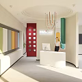 Modern Reception Area With Curved Front Desk Staff Member Pendant Light And Soft Decor