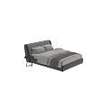 Modern Double Bed With Gray Upholstered Headboard White Pillows Striped Blanket And Side Table