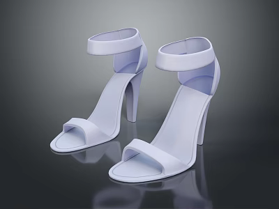 White High Heel Sandals With Ankle Strap Open Toe On Black Smooth Surface With Reflection 3d model