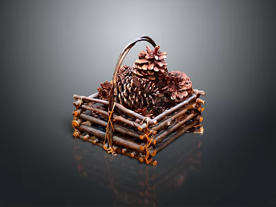 Handwoven Twig Basket With Square Shape Holding Edible Pinecones As Natural Food 3d model