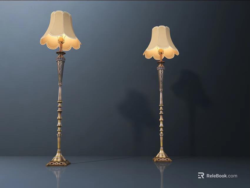Two Classic Golden Floor Lamps With Carved Posts And White Ruffled Lampshades On Dark Background 3d model 