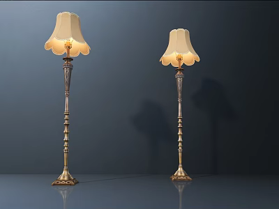 Two Classic Golden Floor Lamps With Carved Posts And White Ruffled Lampshades On Dark Background 3d model