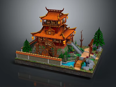 Whimsical Cartoon Scene With Chinese Style Tower Orange Roof Lanterns Watermill Pine Trees Small Pond 3d model