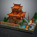 Whimsical Cartoon Scene With Chinese Style Tower Orange Roof Lanterns Watermill Pine Trees Small Pond
