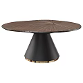 Round Wooden Dining Table With Radial Pattern And Black Conical Base Gold Accents