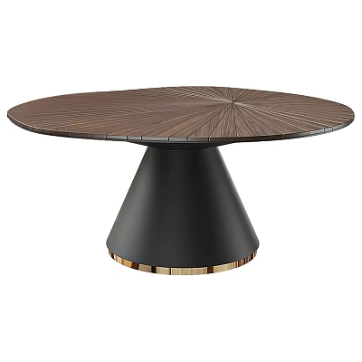 Round Wooden Dining Table With Radial Pattern And Black Conical Base Gold Accents 3d model