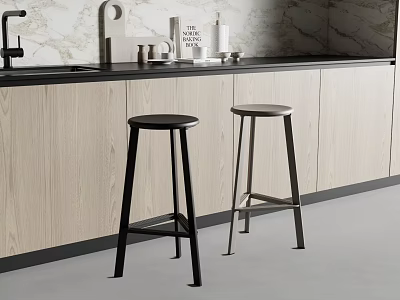 Two Modern Bar Stools With Slim Metal Frames And Round Seats In Kitchen Bar Area 3d model