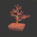 Artistic Bonsai Tree in Red Square Pot with Yellow Gravel and Colorful Leaves