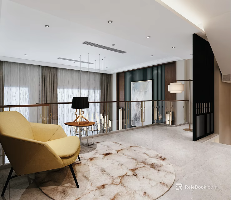 Modern Lounge With Yellow Armchair Area Rug And Pendant Lights 3d model 