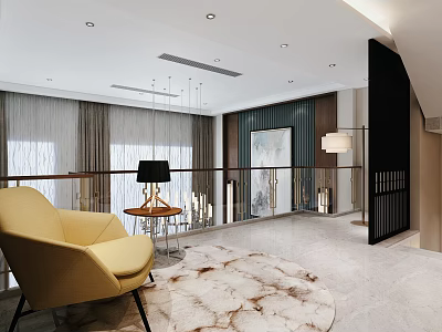 Modern Lounge With Yellow Armchair Area Rug And Pendant Lights 3d model