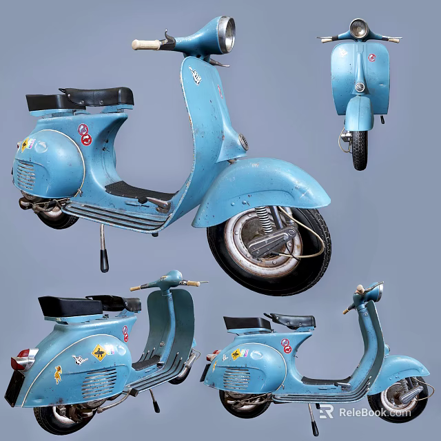 Vintage Blue Motorcycle Showcased From Multiple Angles With Classic Retro Styling Details 3d model 