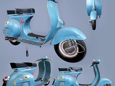Vintage Blue Motorcycle Showcased From Multiple Angles With Classic Retro Styling Details 3d model
