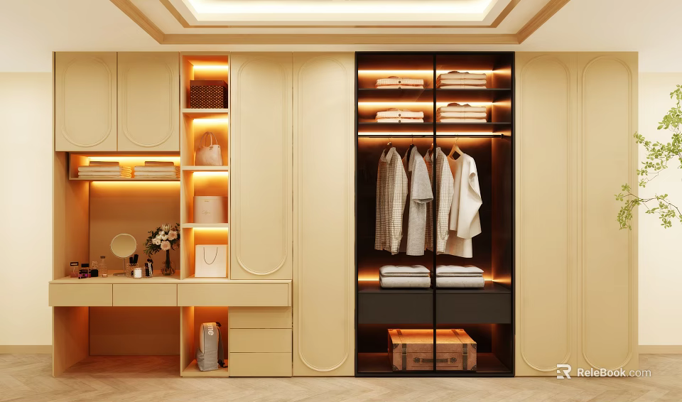 Modern Elegant Wardrobe Interior Design With Hanging Clothes Lighting And Folded Storage 3d model 