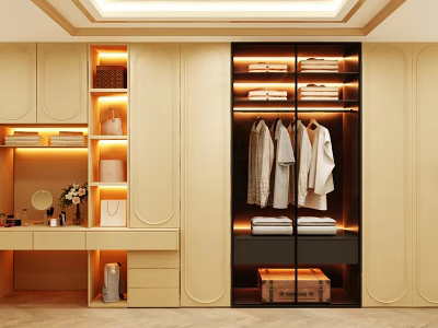 Modern Elegant Wardrobe Interior Design With Hanging Clothes Lighting And Folded Storage 3d model