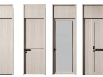 Modern Swing Doors With Wooden Finish Glass Panel And Decorative Lines Design 3d model