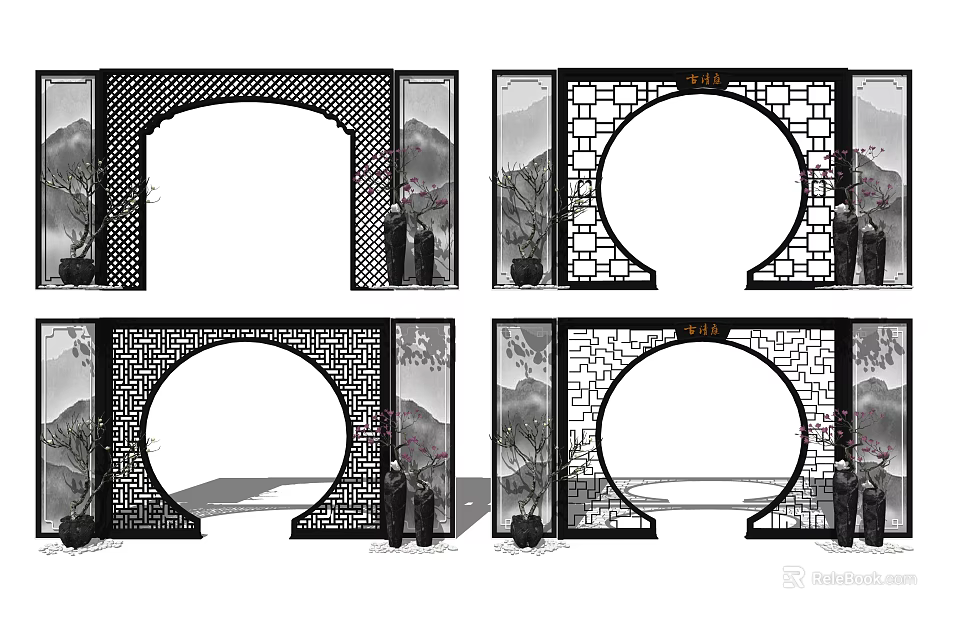 Traditional Chinese Door Arch Decor With Intricate Carved Patterns And Scenic Backgrounds 3d model 