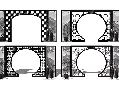 Traditional Chinese Door Arch Decor With Intricate Carved Patterns And Scenic Backgrounds 3d model
