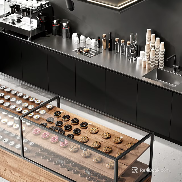 Dessert Shop Featuring Stainless Steel Countertop Black Cabinets Glass Display Case Filled With Donuts Cookies 3d model 